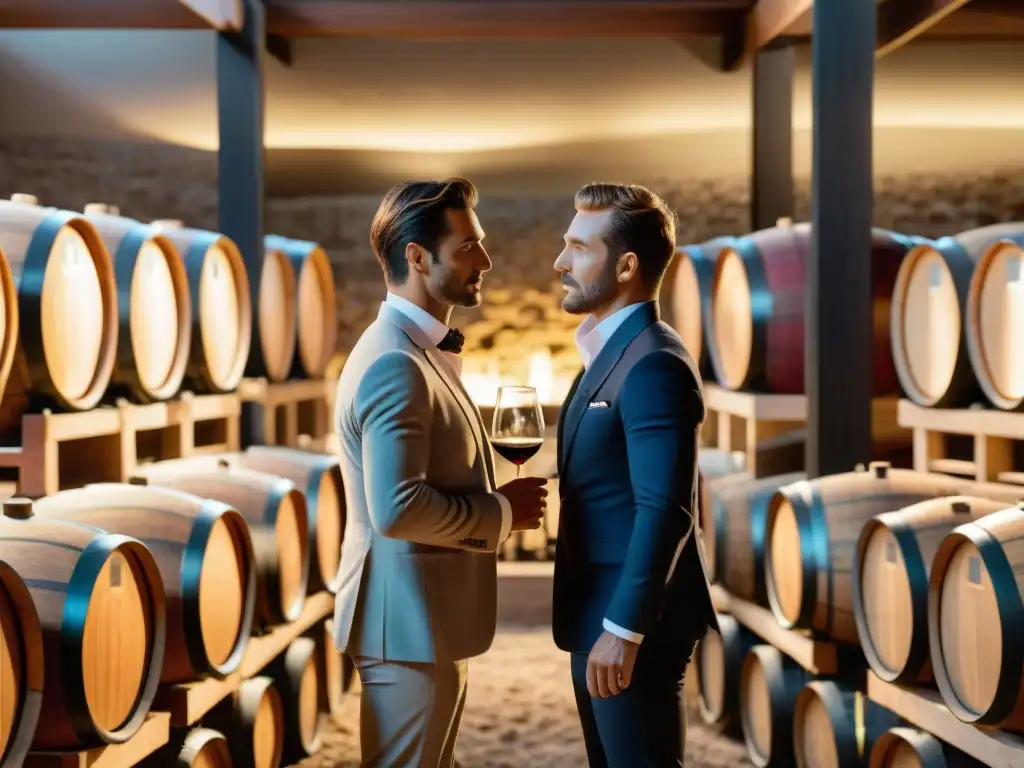 Sommeliers catando vinos en bodega uruguaya Un grupo de sommeliers en bodegas uruguayas, rodeados de botellas de vino, en profunda conversación bajo la luz del sol