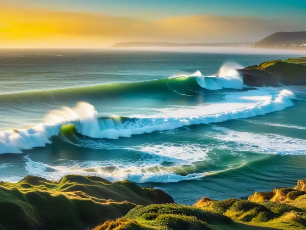 Grupo de surfistas surfeando al atardecer en la costa de Uruguay, con una atmósfera de libertad y conexión con la naturaleza