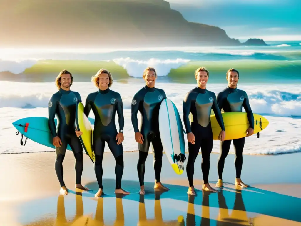 Grupo de surfistas en la costa de Uruguay, disfrutando del mar, expresando libertad y emoción