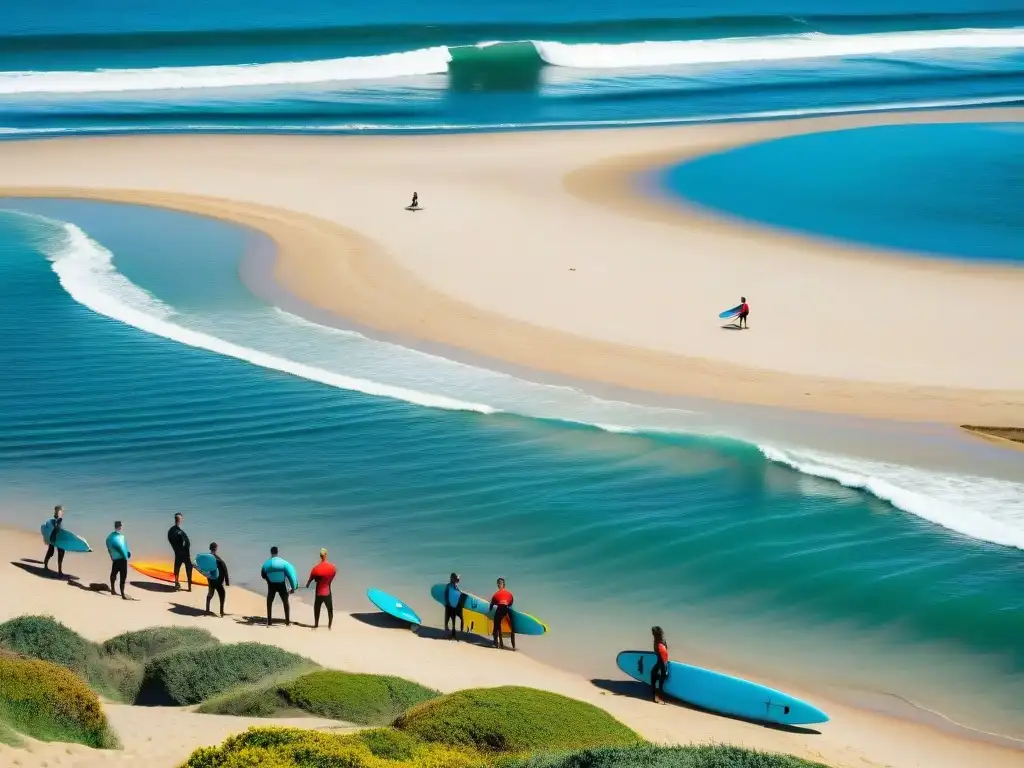 Un grupo de surfistas de todas las edades y niveles disfrutando de cursos de surf en Uruguay, en una escena vibrante y espectacular en la playa