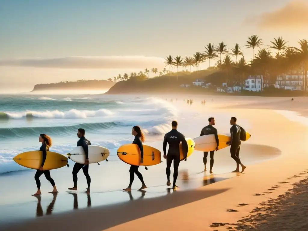 Un grupo de surfistas de diversas edades y orígenes caminan con sus tablas de surf por la playa dorada de Punta del Este, Uruguay, al atardecer