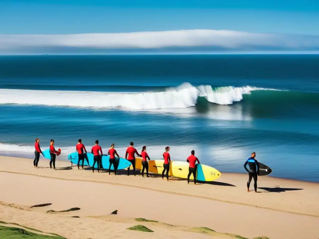 Grupo de surfistas realizando entrenamiento físico en la playa de Uruguay