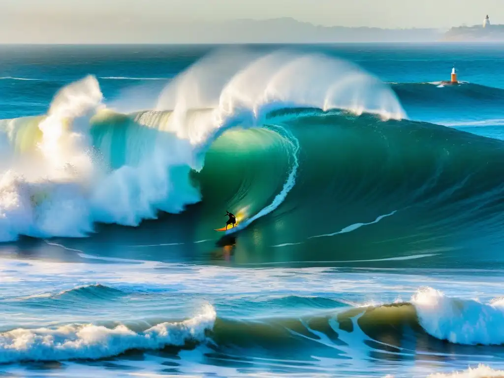 Un grupo de surfistas experimentados surfeando olas gigantes en Punta del Diablo, Uruguay, con el icónico faro de fondo al atardecer