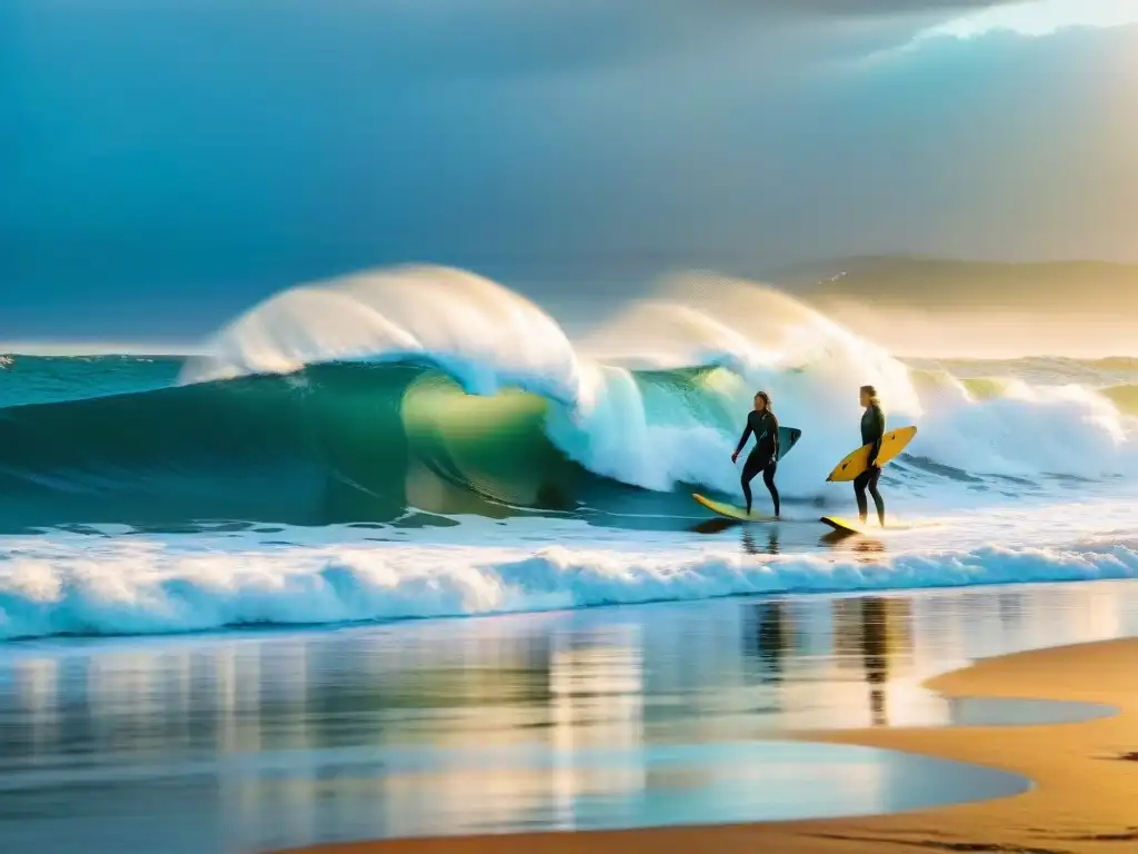 Un grupo de surfistas femeninas diversas en Uruguay disfrutando del mar al atardecer con destreza y pasión