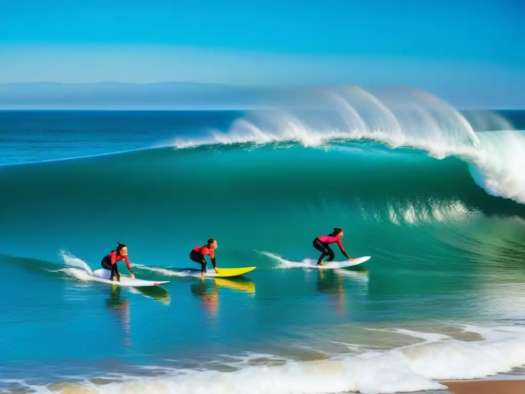 Grupo de surfistas femeninas diversas y entusiastas remando juntas en el océano en Uruguay