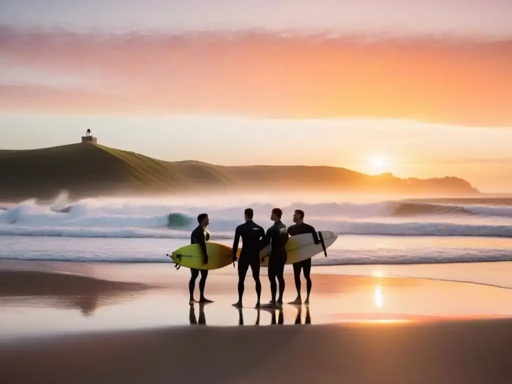 Grupo de surfistas al amanecer en Uruguay, listos para surfear en un ambiente de turismo responsable en Uruguay surf