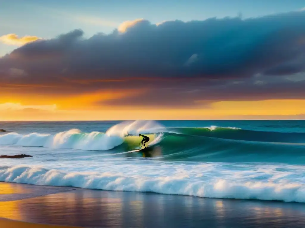 Grupo de surfistas en Uruguay, surfeando al amanecer en un mar de colores, capturando la esencia de la cultura del surf en Uruguay