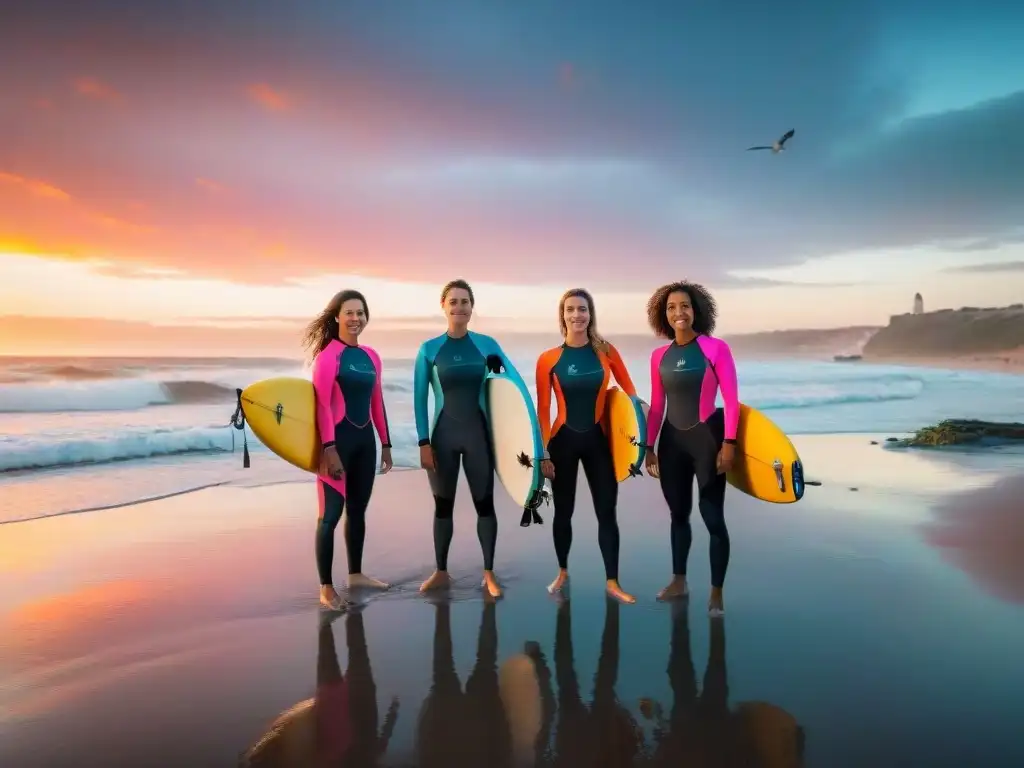 Un grupo de surfistas mujeres diversas llevando sus tablas en una playa de Uruguay al atardecer, transmitiendo alegría y camaradería