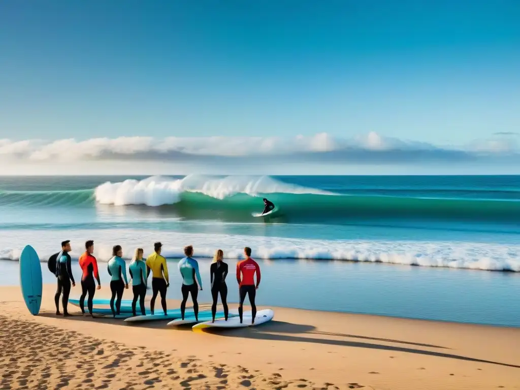 Grupo de surfistas de diferentes niveles en clínica de surf en Uruguay