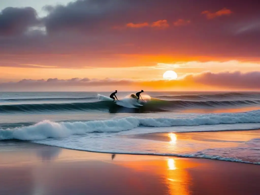 Grupo de surfistas atrapando olas al atardecer en Punta del Diablo, Uruguay