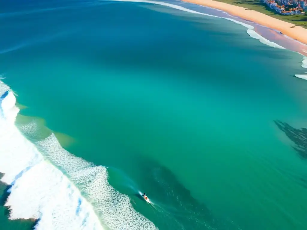 Un grupo de surfistas atrapando olas perfectas en Punta del Este, Uruguay, con el icónico faro al fondo bajo un vibrante cielo al atardecer