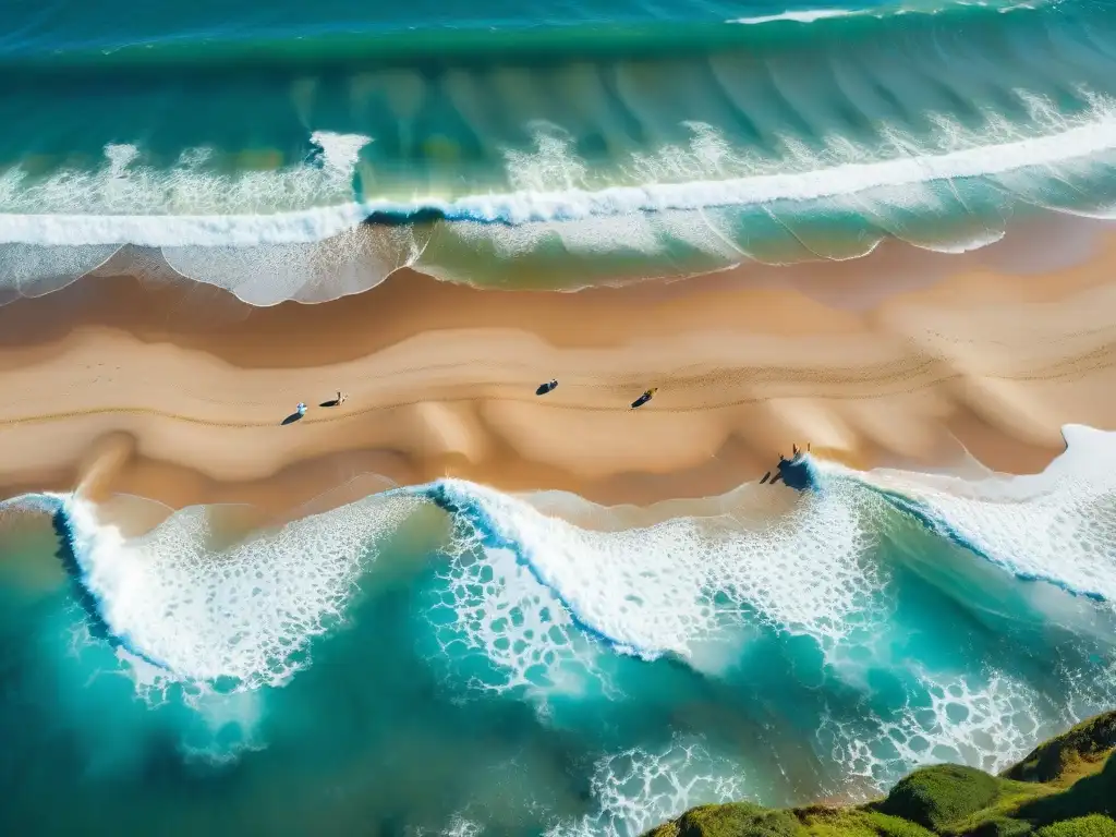 Grupo de surfistas disfrutando las olas en una playa de Uruguay