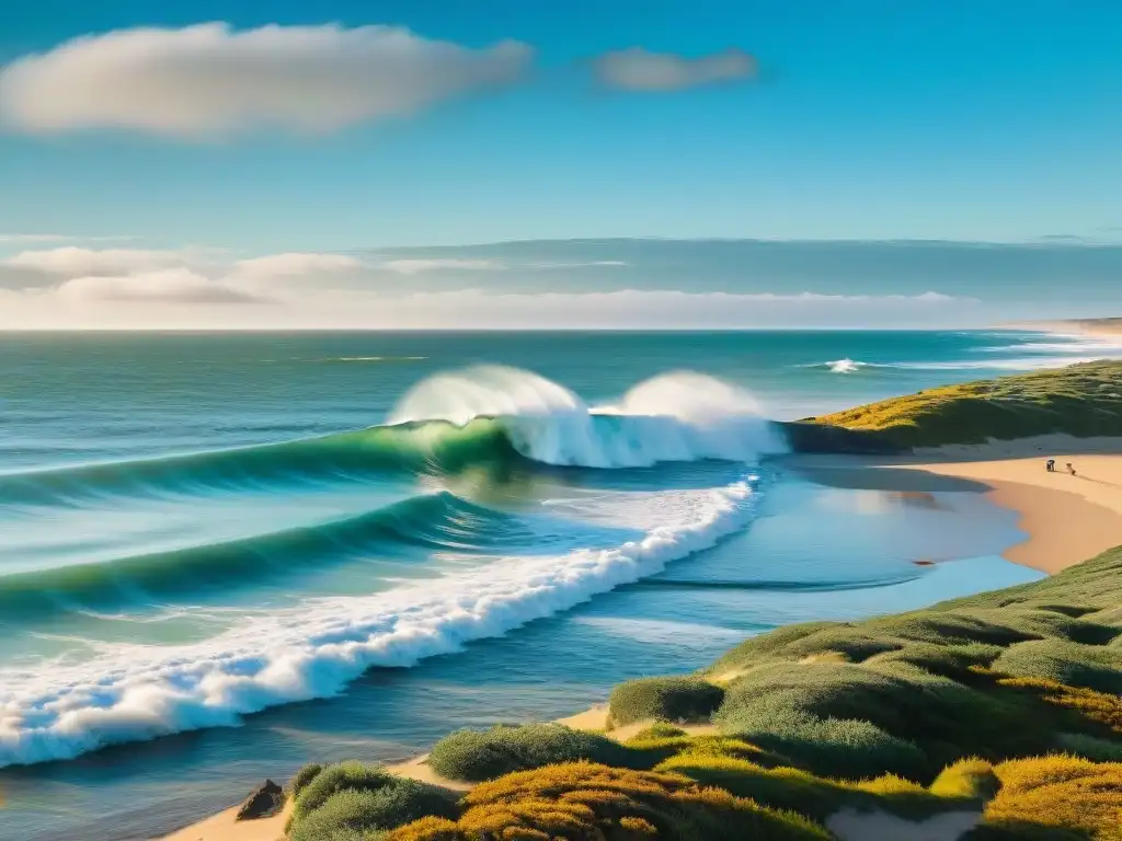 Grupo de surfistas capturando olas en Punta del Diablo, Uruguay