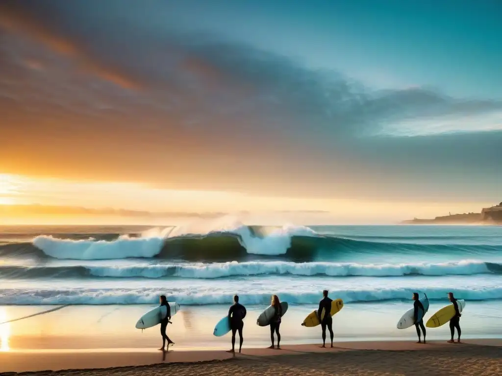 Grupo de surfistas en La Pedrera Beach, Uruguay, disfrutando del atardecer y las olas, reflejando la cultura del surf en Uruguay