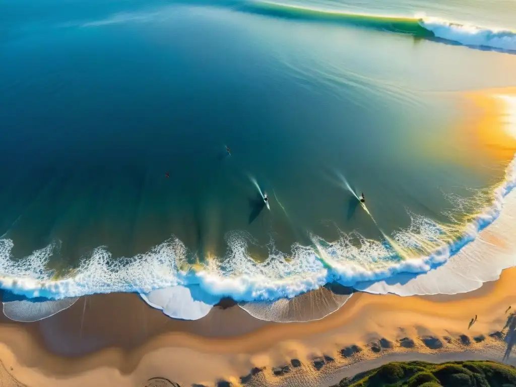 Grupo de surfistas al amanecer en La Pedrera, Uruguay, reflejados en el mar tranquilo, en una escena que evoca la cultura del surf en Uruguay