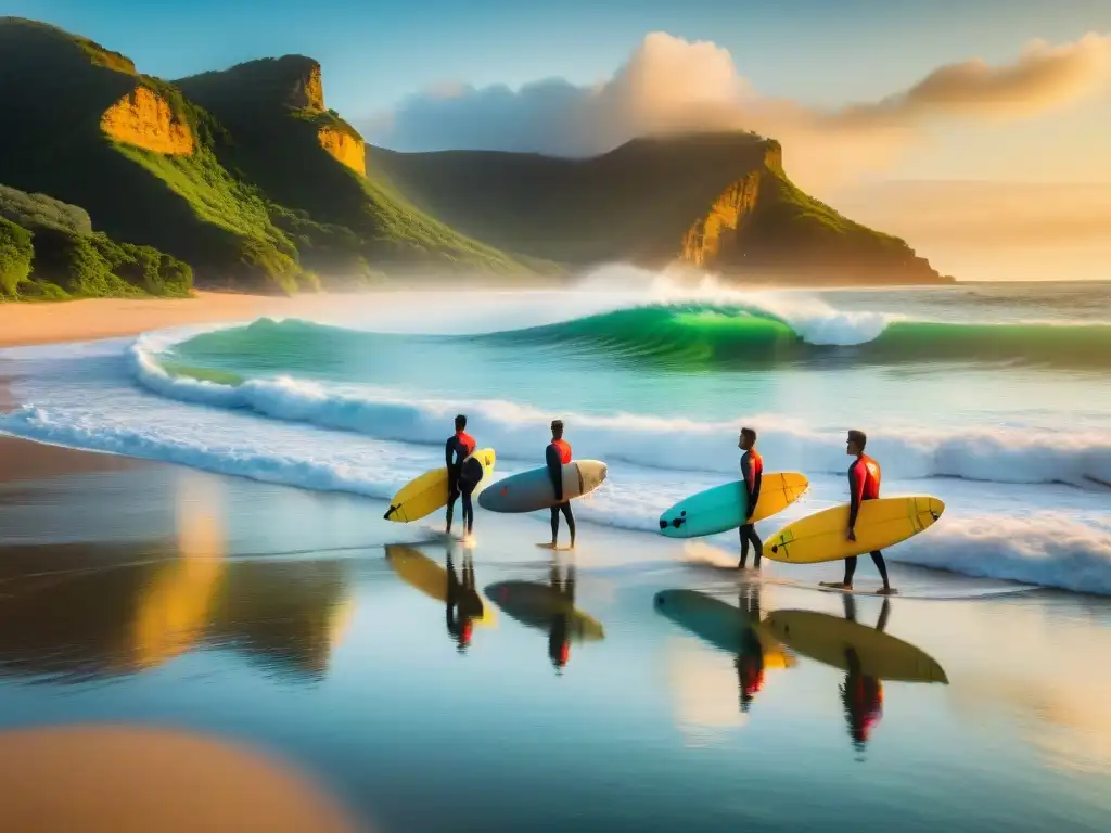 Grupo de surfistas llevando sus tablas coloridas en una playa secreta de Uruguay al amanecer, con olas doradas y acantilados