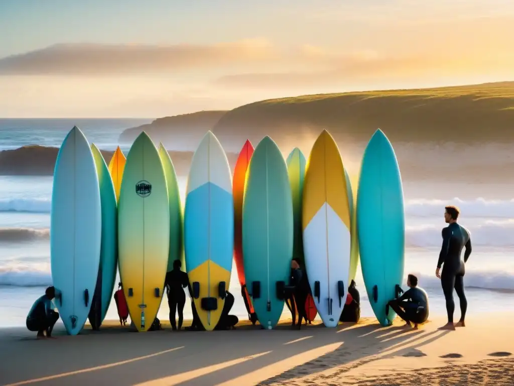 Un grupo de surfistas preparando sus tablas coloridas en una playa de Uruguay al amanecer