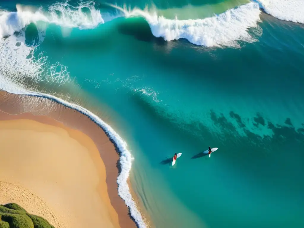 Un grupo de surfistas llevando sus tablas de surf coloridas en una playa de Uruguay