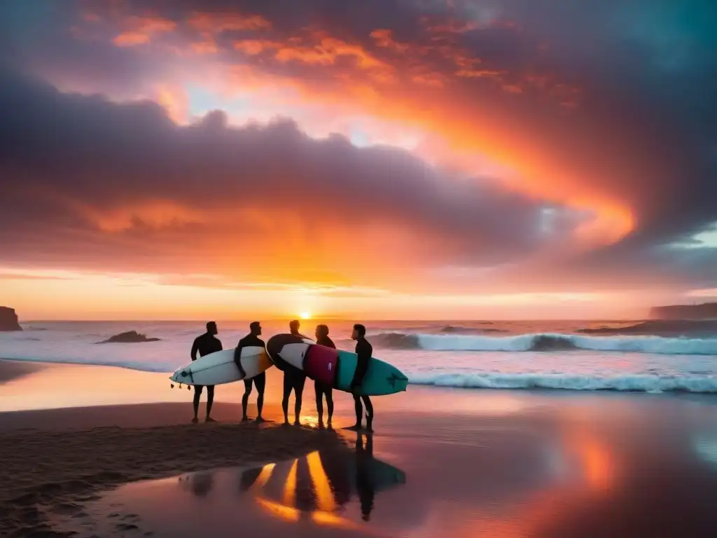 Un grupo de surfistas uruguayos de todas las edades se reúnen alrededor de una fogata en la playa al atardecer, con el cielo naranja y rosa de fondo