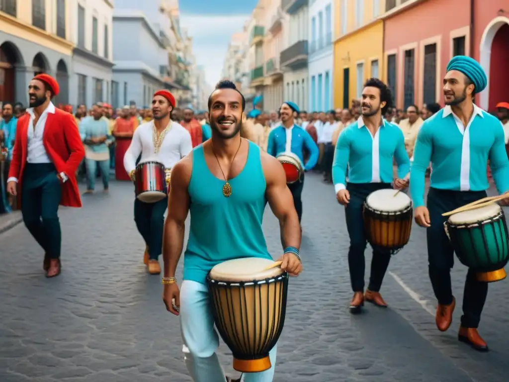 Grupo de tambores tradicionales Candombe en Montevideo, Uruguay, durante un festival cultural