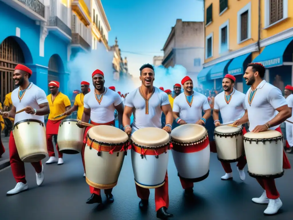 Grupo de tamborileros AfroUruguayos en desfile de Candombe en Montevideo, resaltando la herencia africana en Uruguay