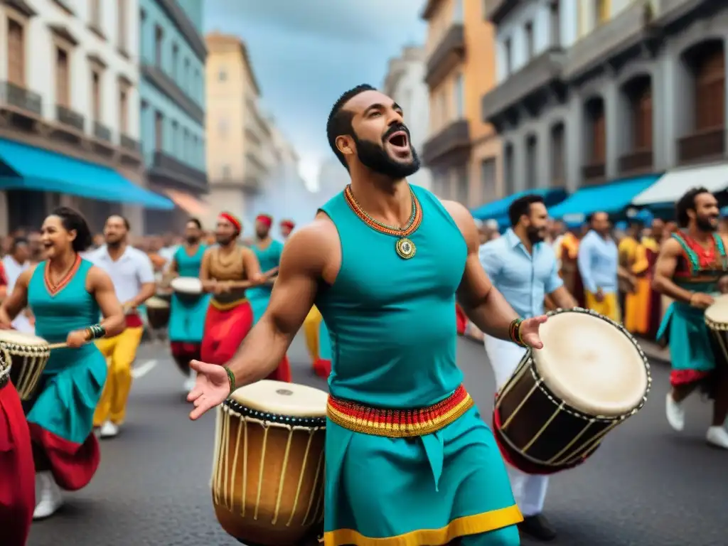 Grupo de tamborileros de Candombe en desfile callejero vibrante en Montevideo, expresando la alegría de la cultura uruguaya