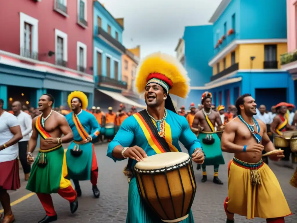 Grupo de tamborileros candomberos en Montevideo, con trajes africanos coloridos y patrones intrincados, cautivando a la multitud con pasión y ritmo