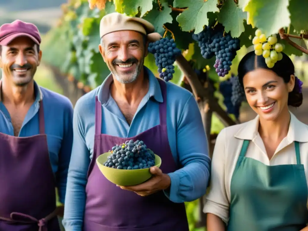 Un grupo de trabajadores sonrientes recolecta uvas orgánicas bajo el cálido sol matutino en un viñedo pintoresco de Uruguay