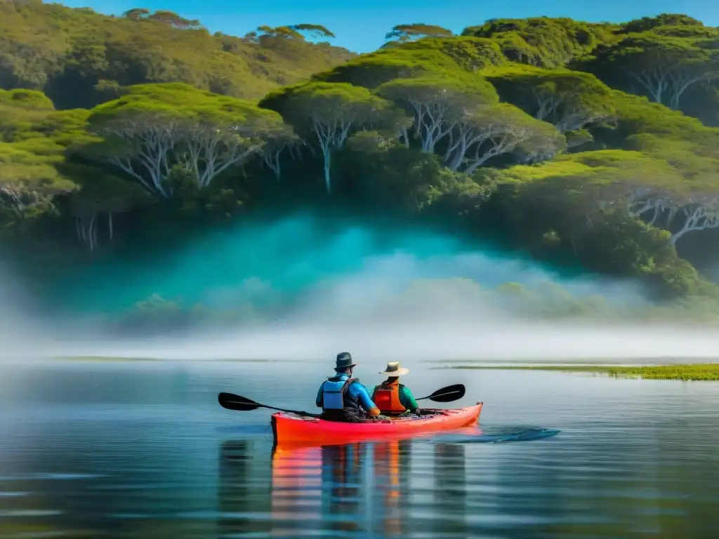 Un grupo de kayaks recorre las tranquilas aguas de la Laguna Garzón en Uruguay