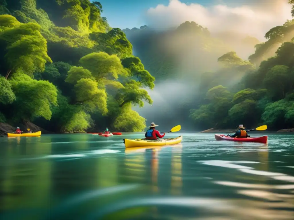 Un grupo de kayaks surca las tranquilas aguas del Río Negro, entre exuberante vegetación