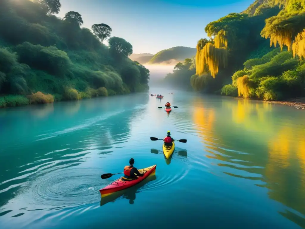 Un grupo de kayakers realiza una travesía por el Río Santa Lucía al atardecer, reflejando la luz dorada en el agua tranquila