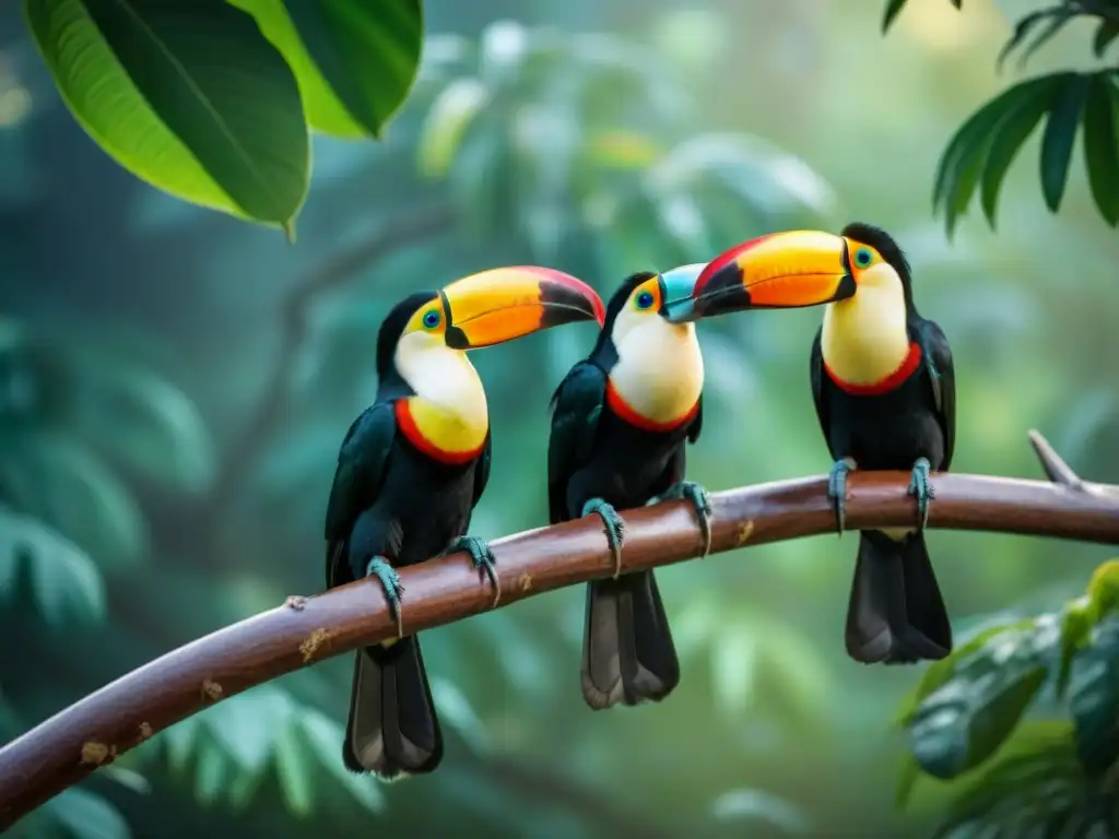 Un grupo de tucanes coloridos posados en ramas de árbol en un bosque tropical de Uruguay