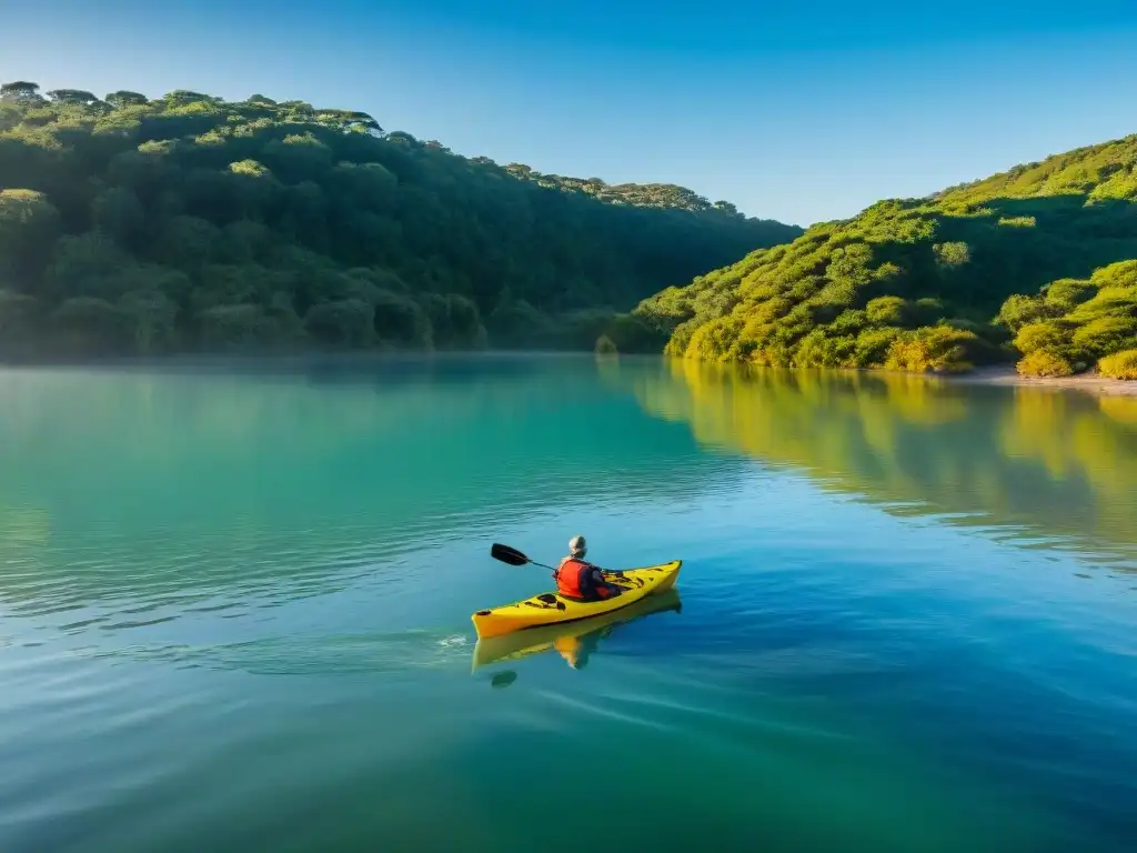 Un grupo de turistas rema en kayaks por las aguas cristalinas de Laguna Garzón al atardecer, rodeados de naturaleza exuberante y aves nativas