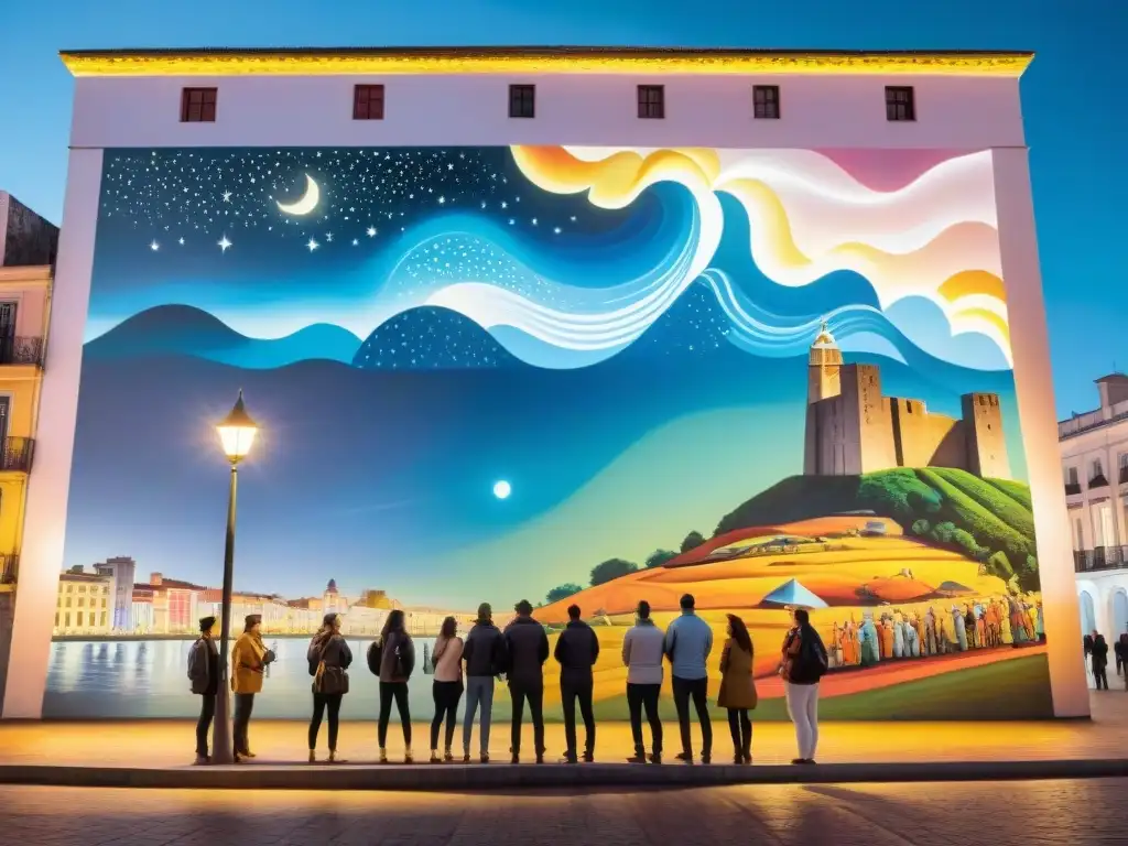 Un grupo de turistas asombrados observa un mural iluminado en un tour nocturno de murales en Uruguay