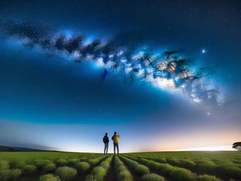 Un grupo de turistas y un astrónomo admirando el cielo nocturno de Uruguay, resaltando la importancia de la sostenibilidad