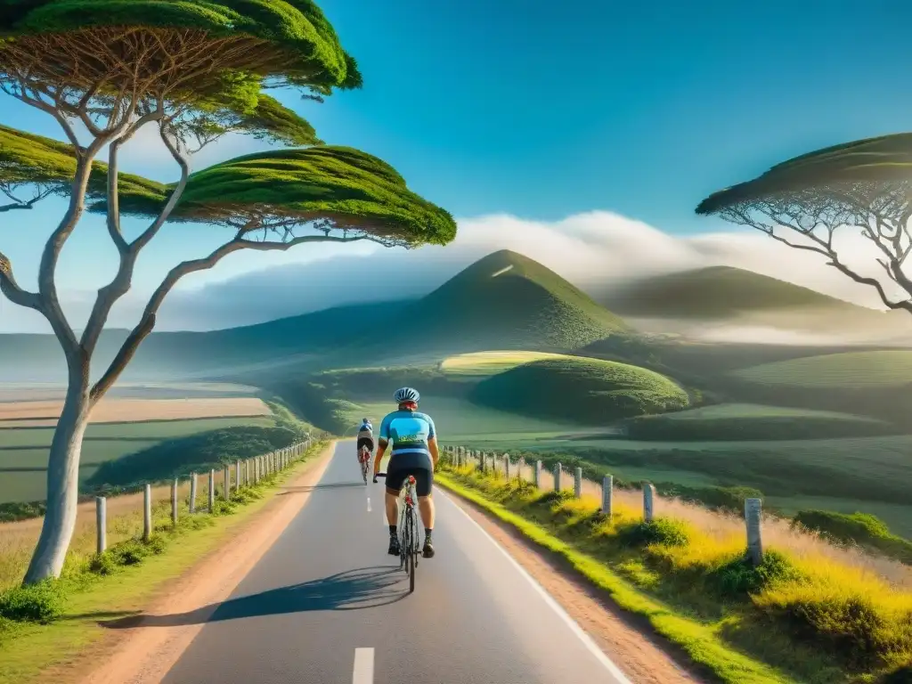 Un grupo de turistas aventureros en bicicleta recorriendo un sendero pintoresco rodeado de exuberante vegetación en Uruguay