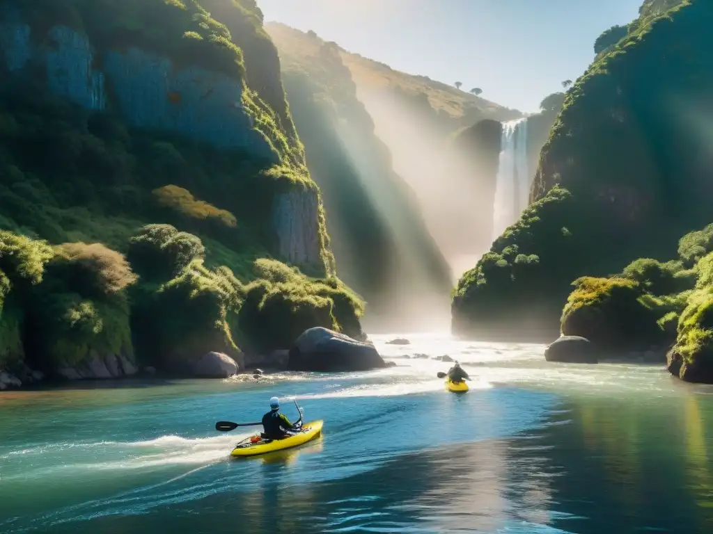 Grupo de turistas aventureros remando en kayaks por un cañón en Uruguay, combinando emoción y belleza natural en Termas de Uruguay