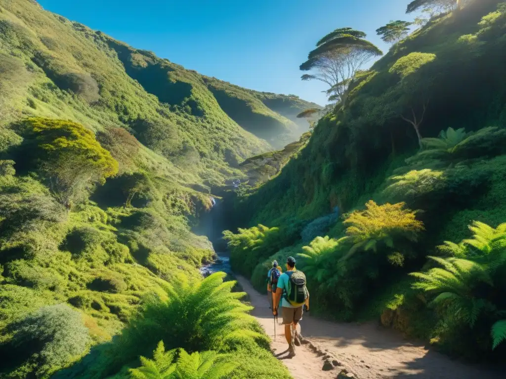 Un grupo de turistas aventureros disfruta de la naturaleza exuberante camino a unas termas en Uruguay