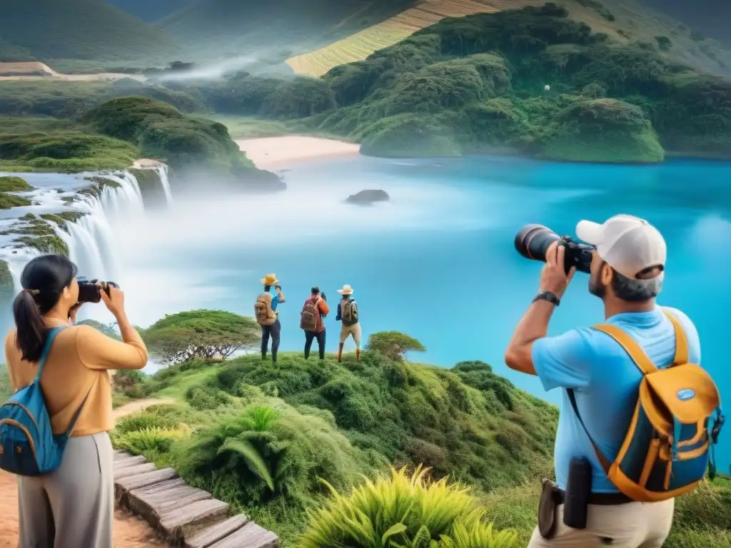 Un grupo de turistas disfruta de la observación de aves con guía local en Uruguay, destacando la belleza de la reserva natural