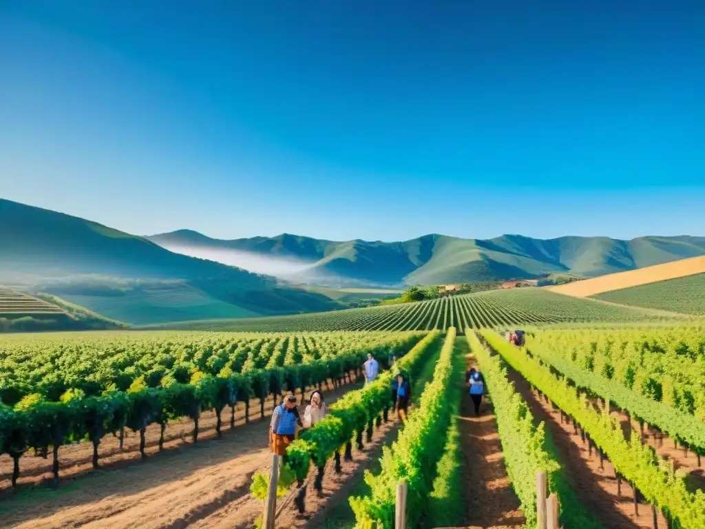 Un grupo de turistas participando en la cosecha de uvas en un viñedo orgánico en Uruguay