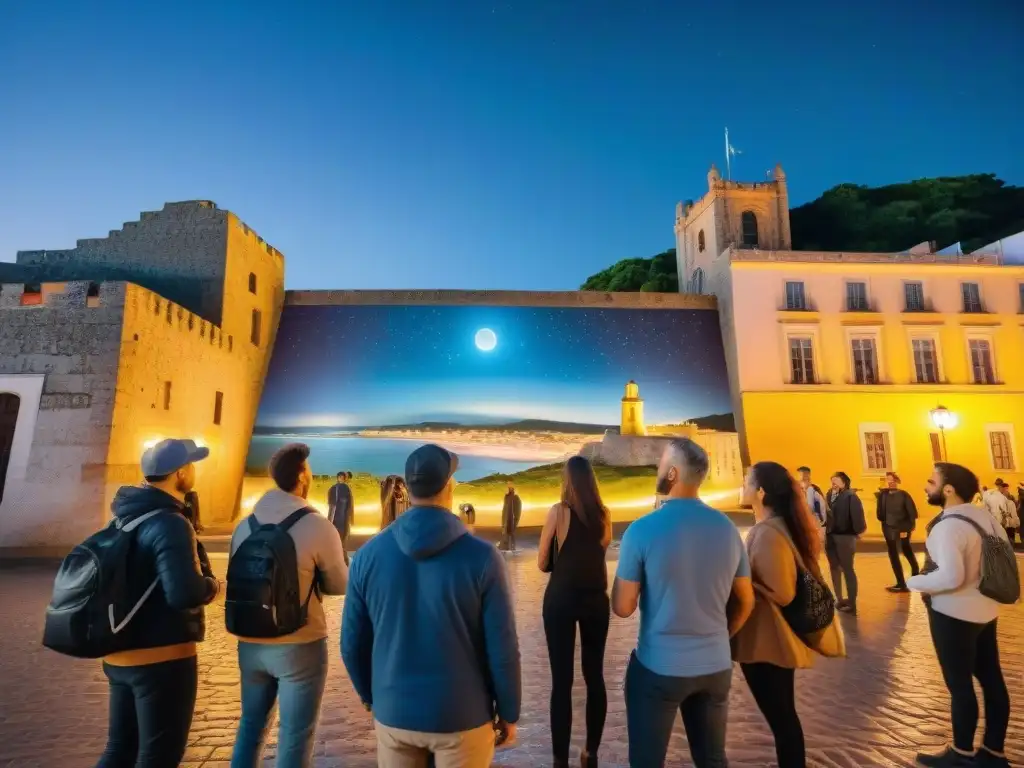 Un grupo de turistas entusiastas disfruta de un tour nocturno en Uruguay, bajo murales iluminados