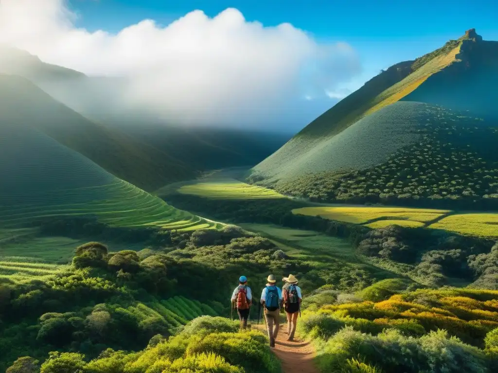 Grupo de turistas explorando la exuberante naturaleza de Uruguay en el Valle del Lunarejo con guía local señalando la flora y fauna nativa