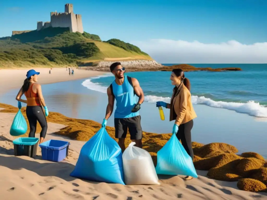 Un grupo de turistas diversos participando en una limpieza de playa en Uruguay, promoviendo el turismo responsable en Uruguay