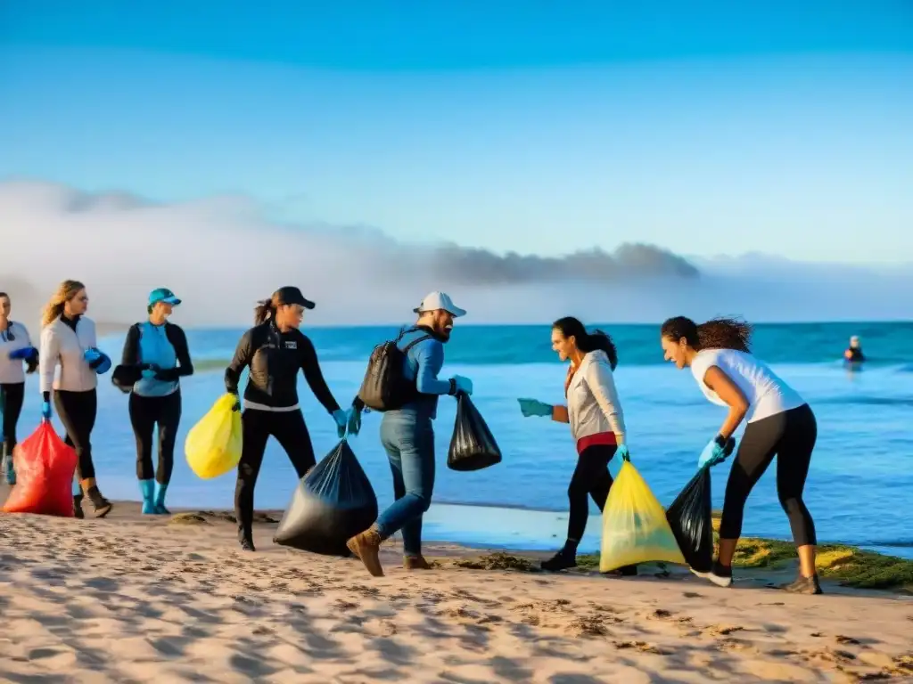 Un grupo de turistas diversos participa en una limpieza de playa, con el mar y el cielo de Uruguay de fondo