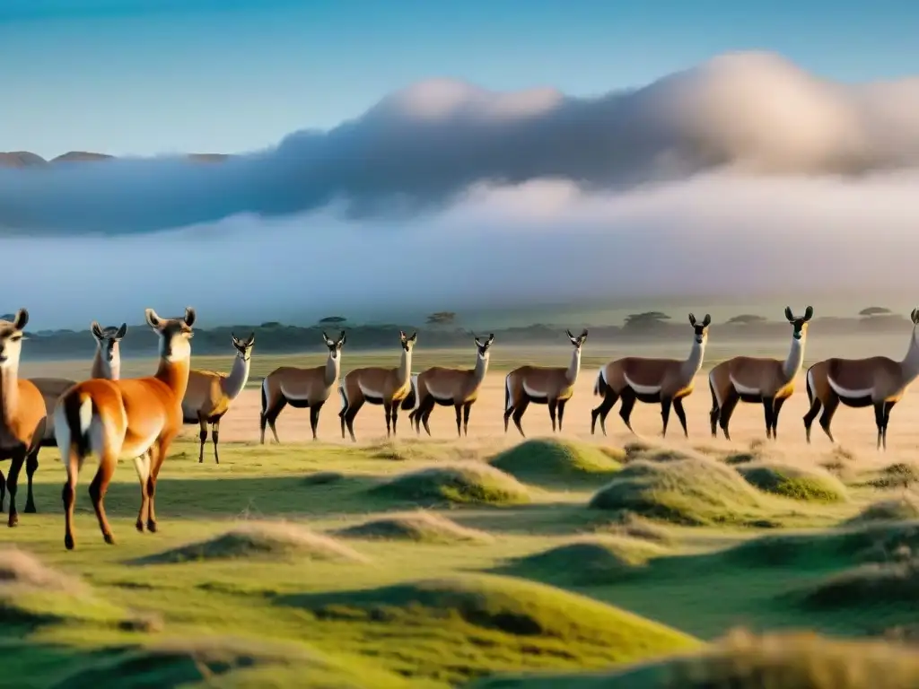 Un grupo de turistas admirando una manada de guanacos salvajes en Uruguay, resaltando la conservación fauna uruguaya turismo