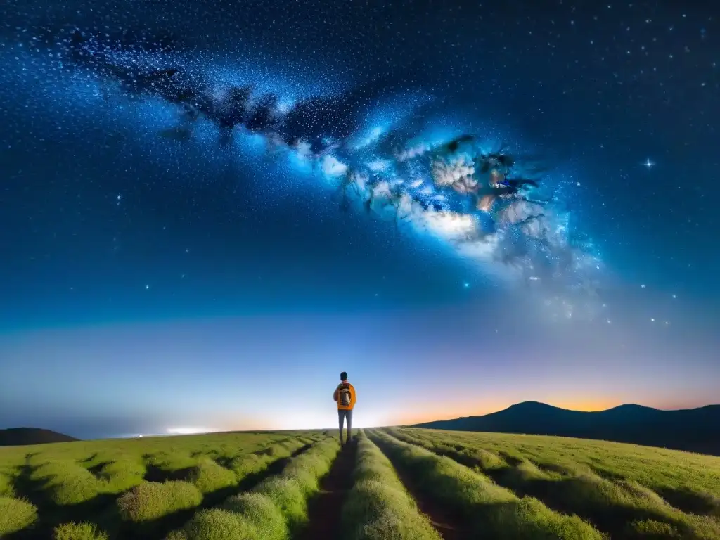 Grupo de turistas maravillados por el cielo estrellado de Uruguay, guiados por un astrónomo