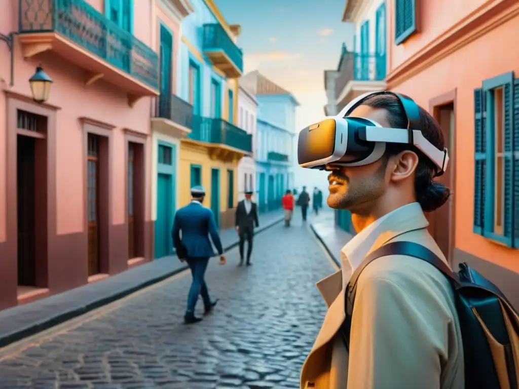 Grupo de turistas en realidad virtual explorando calles coloniales de Montevideo, Uruguay