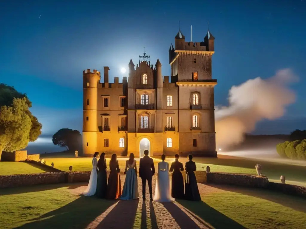 Un grupo de turistas en un tour nocturno por lugares embrujados en Uruguay, cautivados por historias paranormales en el Castillo Pittamiglio