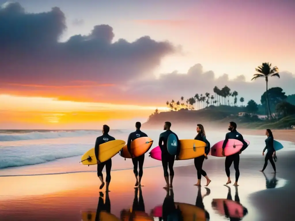 Un grupo unido camina hacia el mar al atardecer en Uruguay para disfrutar del surf terapéutico