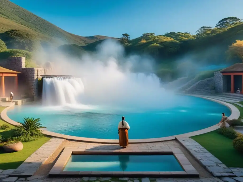 Grupo de uruguayos en tradicionales atuendos, conversando frente a históricas termas en Uruguay